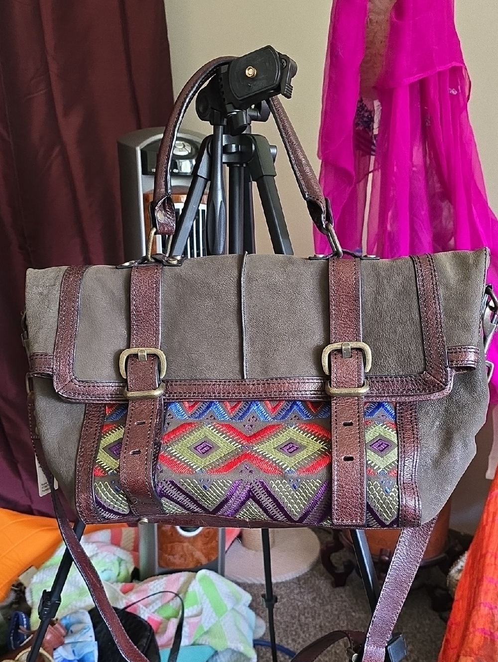 leather Tote Bag with Multicolor Embroidered Panel